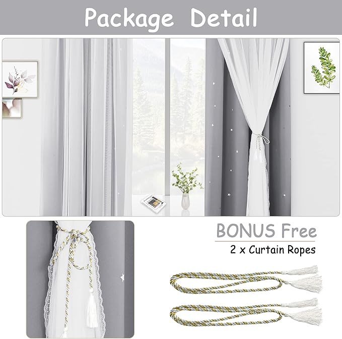 Kinryb Kids Blackout Curtains for Bedroom/Living Room/Classroom, Sheer Overlay 95 Inches 2 Panel Set, Double Layer Curtains with Star Cutout for Kids Room(W 52 x L 95 Inches,Silver Grey 2 Pcs)