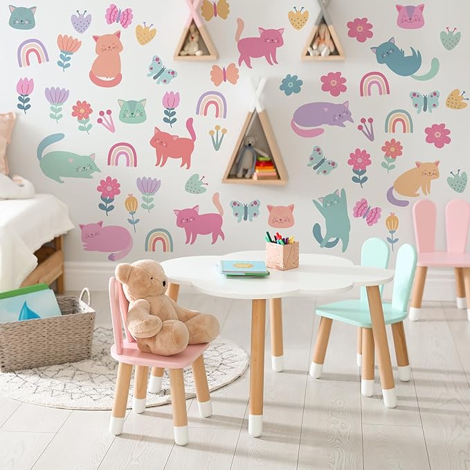 Cat Wall Decals - Girl Nursery Decor, Colorful Pet Cat Butterfly Rainbow Decal,Removable Vinyl Art Murals for Living Room Baby Rooms Bedroom Toilet House Wall DIY Decoration