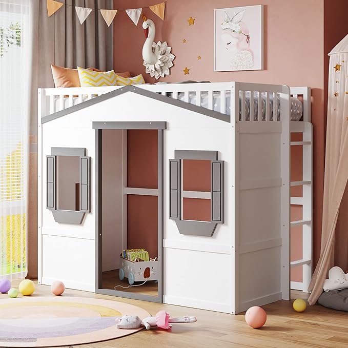 Twin Size Loft Bed with Safety Guardrail for Kids Boys Girls, Playhouse Design Solid Wood Loft Bed Frame with Ladder and Windows, Strong Wood Slats Support, Space-Saving (White+g Twin)