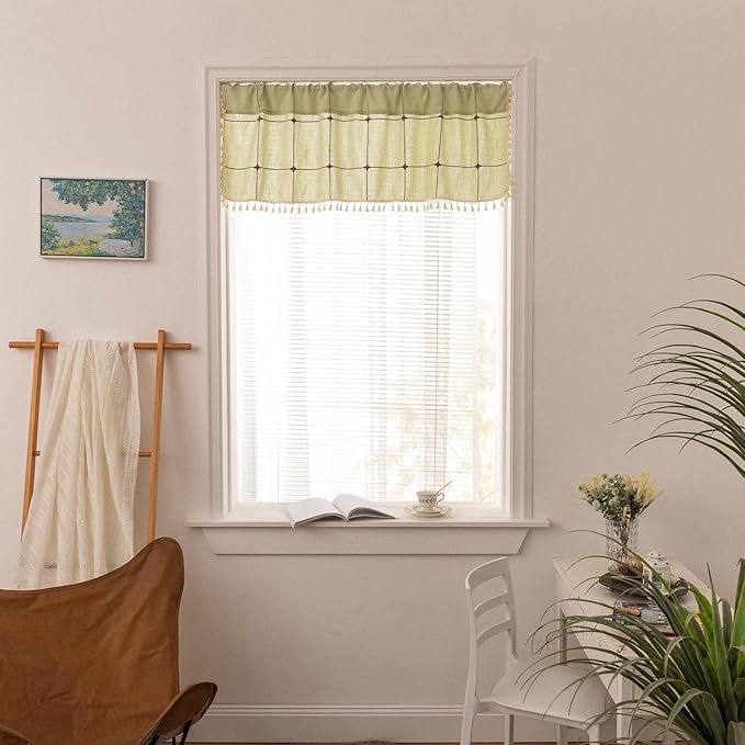 Deeprove Mint Green Boho Curtain Valance 18 Inches Length Bohemian Lattice Gingham Textured Embroidery Plaids, Vintage Chic Tassels Casual Easter Decor Drapes Rod Pocket, 1 Panel W52 x L18