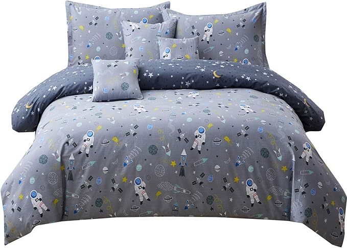 Brandream Boys Space Bedding Kids Bedding Sets Full Size Grey Astronaut 100% Cotton Duvet Cover Sets Reversible Zipper Closure(No Comforter Included)