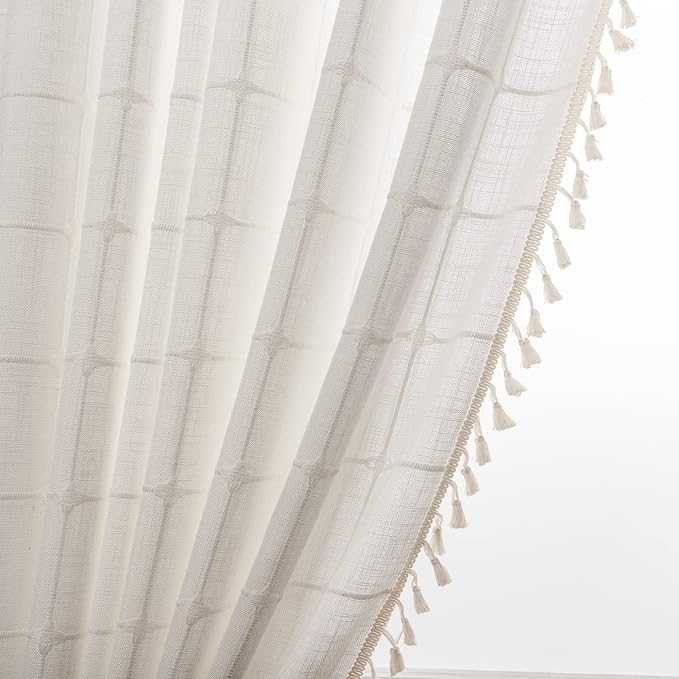 Deeprove White Boho Curtains for Bedroom 84 Inches Long, Cream Checkered Bohemian Chic Textured Embroidery Plaids, Vintage Handmade Tassels Country Decor Drapery, Rod Pocket, 1 Panel W52 x L84