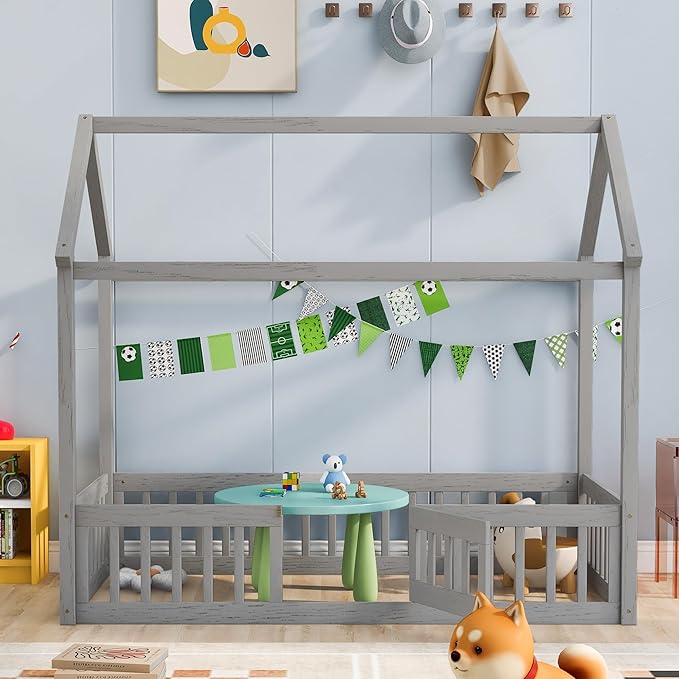 Twin Size Wood House Bed with Fence and Door, Bedroom Distressed Washed Design Bed Frame W/ a Whimsical Sky Roof,Easy to Assemble,for Kids Teens Girls Boys,Gray Wash
