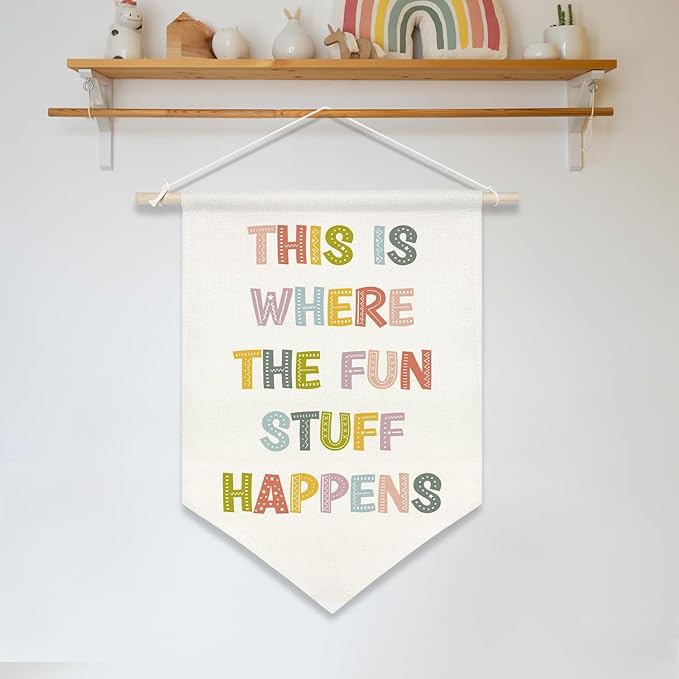 This Is Where the Fun Stuff Happens Banner,16"x11" Canvas Wall Hanging with Wooden Rod, Classroom Playroom Decor, Colorful Positive Quote Poster for Kids Room, Nursery, or Teacher Gifts (KD26)