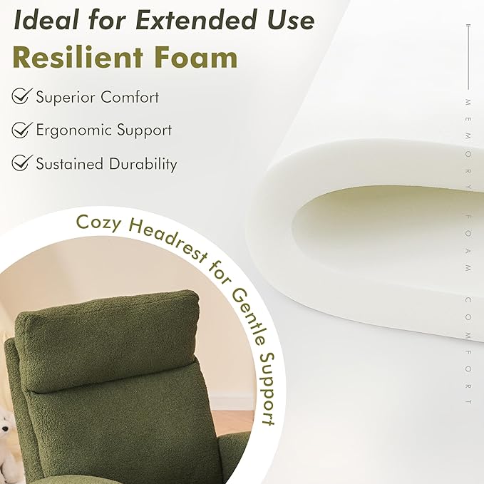 FOXHUNTER Rocking Chair for Nursery with High Backrest & Foot Rest-Nursery Rocking Chairs with Side Storage Pocket for Breastfeeding,Modern Glider Chair for Baby Bedroom,Living Room,Teddy Green
