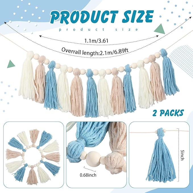 2 Pcs Tassel Garland with Wood Beads, Handmade Cotton Yarn Wall Hanging Banner Boho Tassel Wall Hanging Party Decor for Nursery, Birthday Baby Shower Home Classroom Decoration(Brown Series)