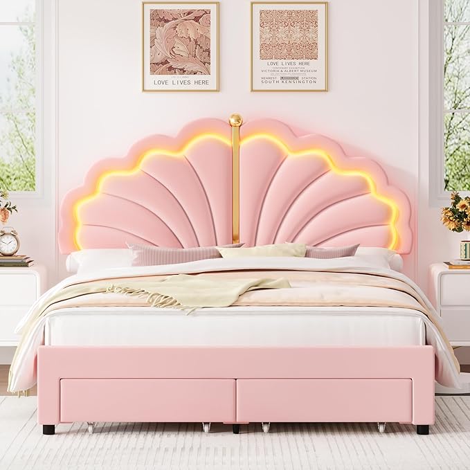 Keyluv Queen Princess Bed Frame with Storage Drawers, Soft Velvet Upholstered LED Platform Bed with Adjustable Modern Shell Headboard, No Box Spring Needed, Noise-Free, Pink