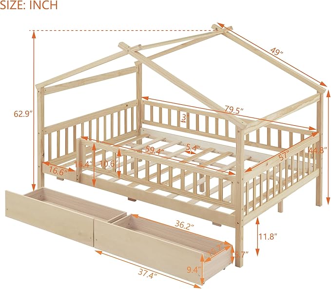 Merax Full Size Wooden House Bed with Two Drawers, Wood Bed Frame with Roof and Safety Guardrail for Kids, Teens, Boys or Girls, Natural