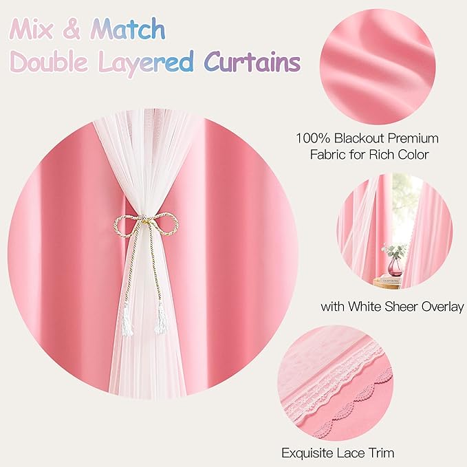 XiDi Pink Blackout Curtains for Girls Bedroom Living Room 84 Inches Long 2 Panels Grommet Thermal Insulated Double Layer Cute Girly Nursery Curtains with Sheer Overlay for Kids Princess W52XL84