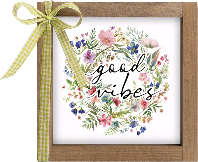 Wooden Good Vibes Sign with Wreath, 6 Inch Positive Inspirational Office Decor for Women Desk, Rustic Farmhouse Indoor Cubicle Table Shelf Dorm Room Flower Wall Art Aesthetic Home Decorations