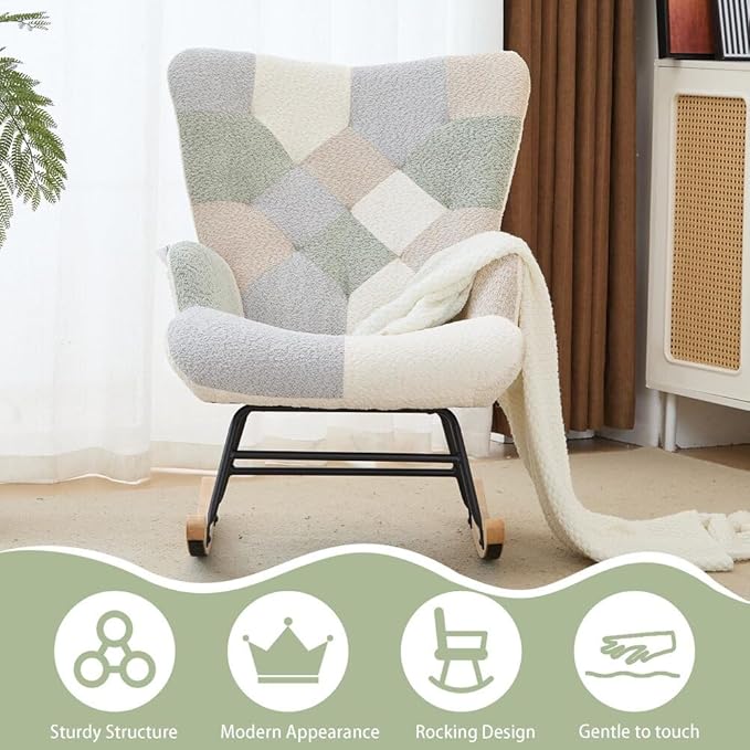 Nursery Rocking Chair Teddy Upholstered Glider Rocker Rocking Accent Chair with High Backrest Armchair Comfy Side Chair for Living Room, Bedroom, Offices (Spliced Green)