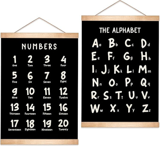 Kids Alphabet and Numbers Educational Chart Set of 2 for Classroom Decor,Colorful Educational Poster for Toddlers 1-3,Toddler Learning Poster for Kids Ages 3-5 for Nursery Playroom,Classroom Must Haves (Black)