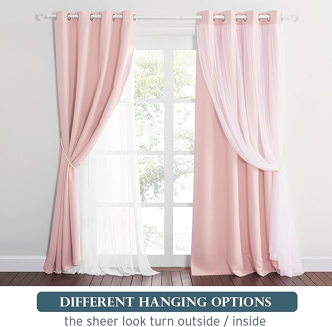 PONY DANCE Pink Curtains with White Sheer Overlay 95 Inch Long for Girl's Bedroom,2 Layered Backdrop Blackout Room Darkening Window Curtain Drapes for Kid's Room,Rose Blush,2 Panels Set