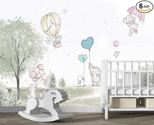 Cartoon Elephant Rabbit Balloon Nursery Wall Mural Wallpaper 137" x 100"