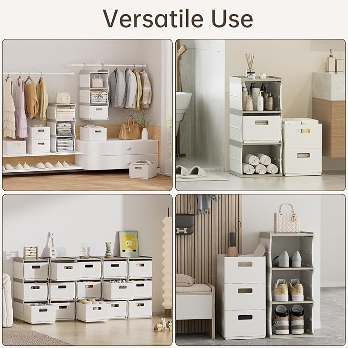 HAIXIN 3-Shelf Hanging Closet Organizer with 3 Removable Drawer & 6 Dividers, Plastic Hanging Shelves Foldable Closet Organizer and Storage Drawer for Bedroom, Wardrobe, Garment Racks, RVs
