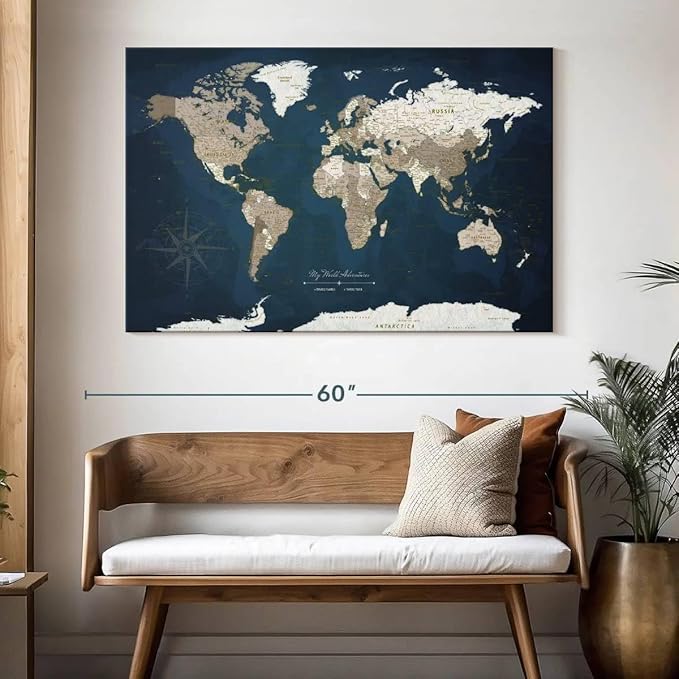 ElephantStock - My World Adventures Push Pin Travel Map I Wall Art - Horizontal Canvas Wall Art - Living Room Wall Decor - Printmaking Map Canvas Art - Blue And Beige Decor - 51" x 34"