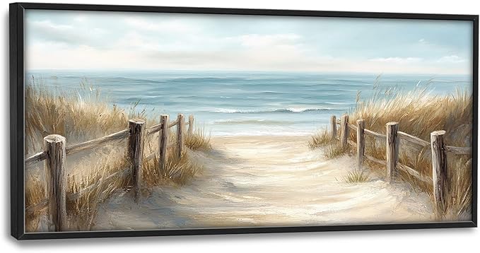 Olivine Beach Large Wall Art, Coastal Seascape Pictures Wall Decor, Nautical Paintings, Sea Canvas Prints, Framed Artwork for Dining Room Bedroom Living Room Office Bathroom Home Decoration 60"x30"
