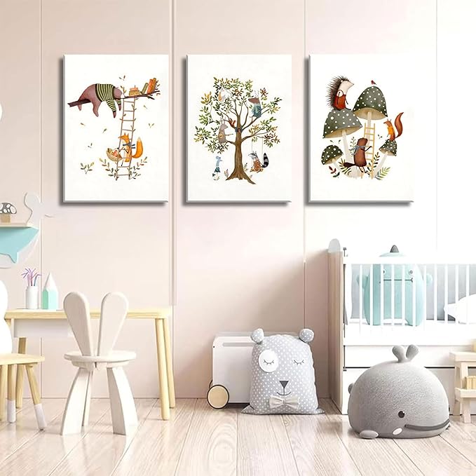 3Pcs Woodland Safari Animals Nursery Canvas Wall Art Baby Jungle Small Animal Wall Decor Pictures Tree Bear Rabbit Fox Hedgehog Kids Posters Prints for Classroom Children Bedroom Decoration
