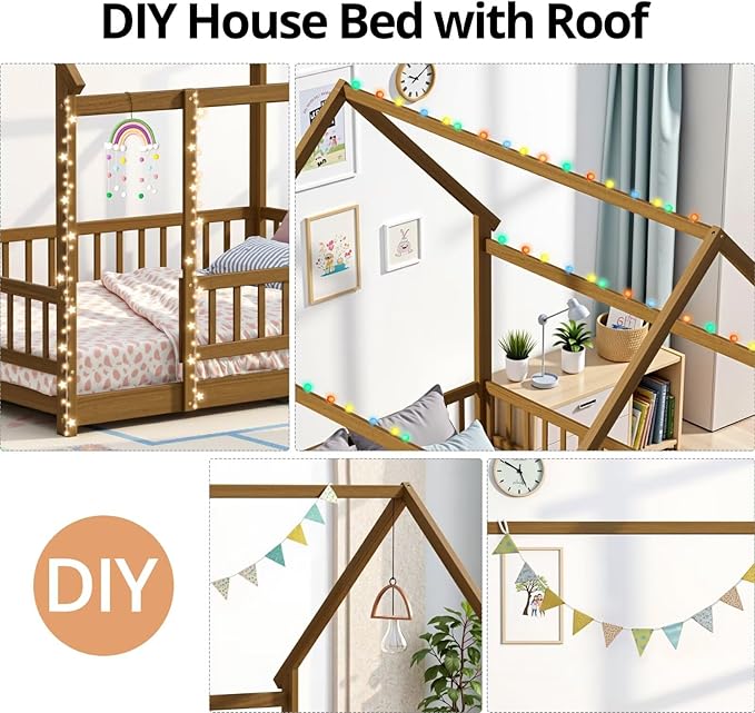 LLS Twin Size Montessori Floor Bed Frame with Slats and Fence, Wooden House Bed for Boys Girls Bedroom, Light Espresso
