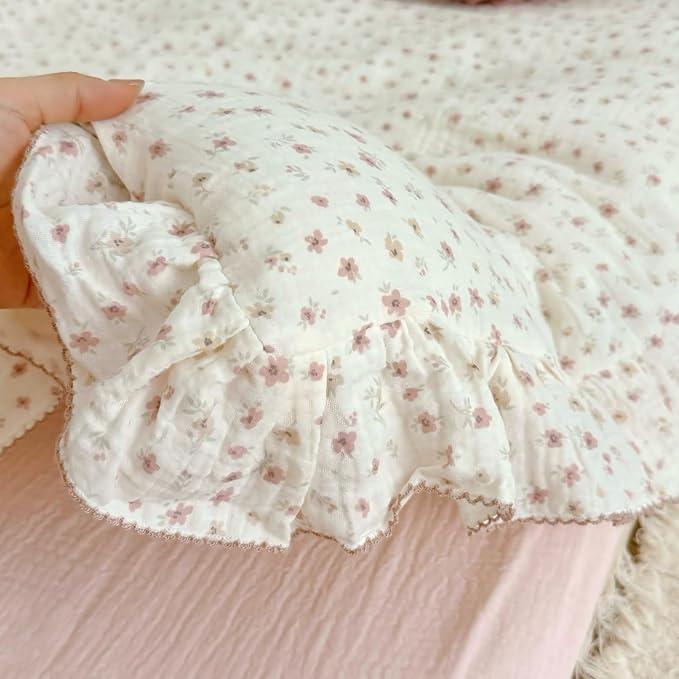 BuLuTu Pink Floral Pillowcases King Bed Pillow Case with Ruffles 20x36 Inch, 1 Pack, Double-Layer Muslin Cotton Pillow Cover, Enveloped Closure, Soft Breathable Durable