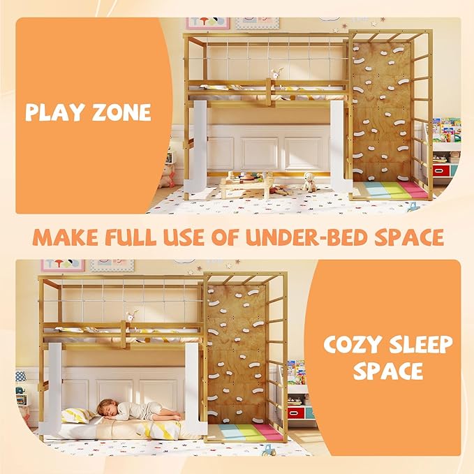 Giantex Twin Bunk Bed with Jungle Gym, 4-in-1 Wooden Loft Bed with Climbing Ladder, Rock Wall & Monkey Bar, Montessori Playhouse Bed with Full Length Guardrail & Wood Slat Support for Kids (Natural)