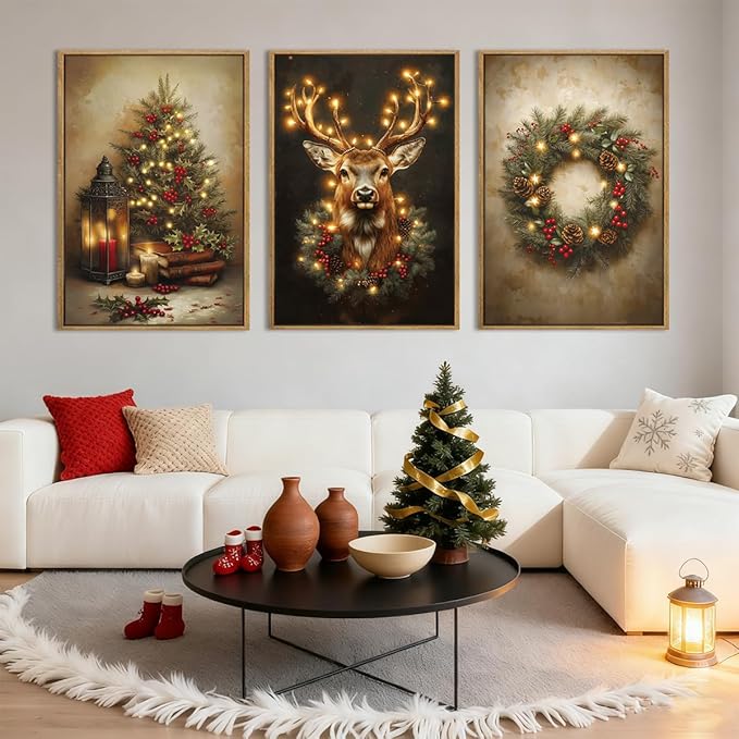 Anyzal Christmas Wall Art Winter Christmas Tree Prints Santa Elk Wall Decor for Living Room Bedroom Dining Room 16x24 Inch