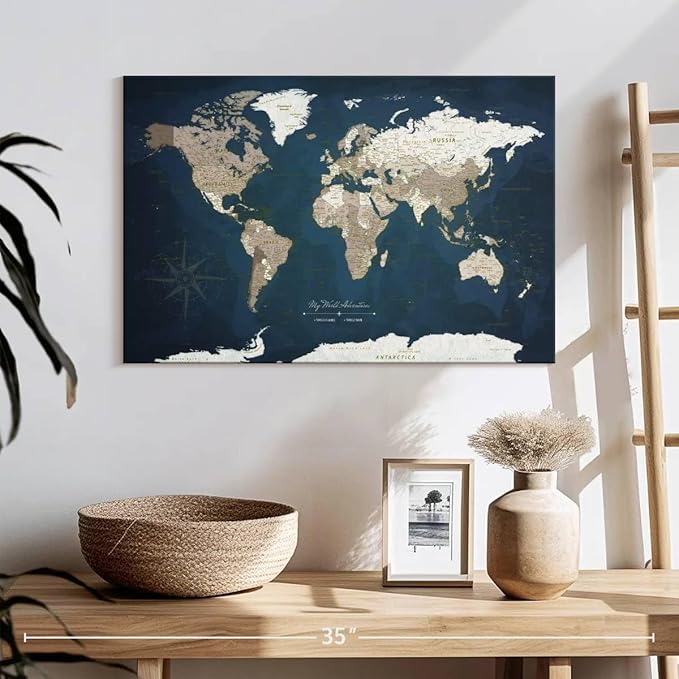 ElephantStock - My World Adventures Push Pin Travel Map I Wall Art - Horizontal Canvas Wall Art - Living Room Wall Decor - Printmaking Map Canvas Art - Blue And Beige Decor - 24" x 16"