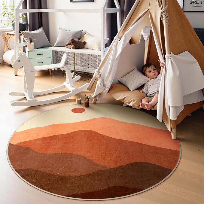 Round Area Rug 4ft, Mountain Circle Rug Print Round Kitchen Rugs Non Slip Washable Entryway Rug, Low Pile Soft Circular Carpet for Living Room Bedroom Decor(Brunt Orange)