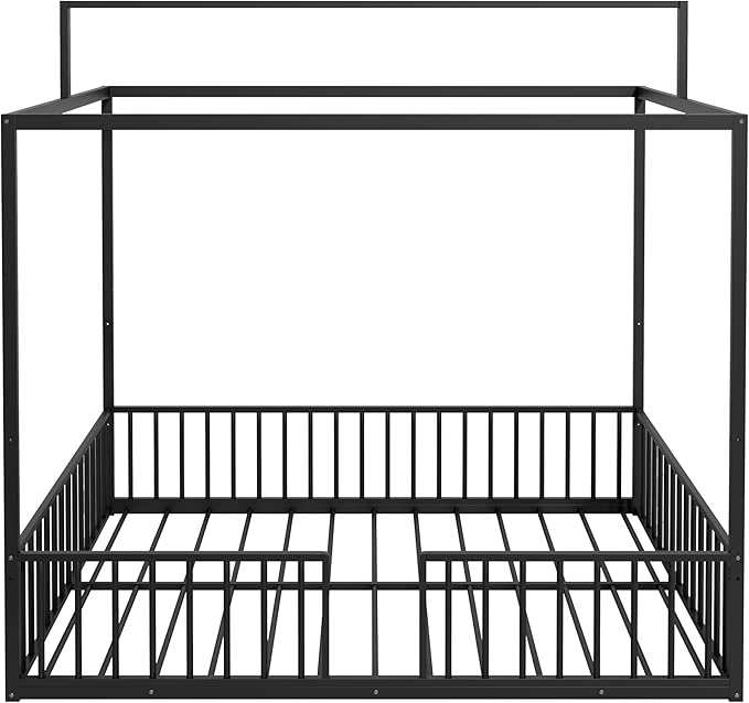 Merax Full Size Convertible Montessori Floor Bed, Metal House Bed Framefor Kids, Floor Beds with Fence for Kids,Black