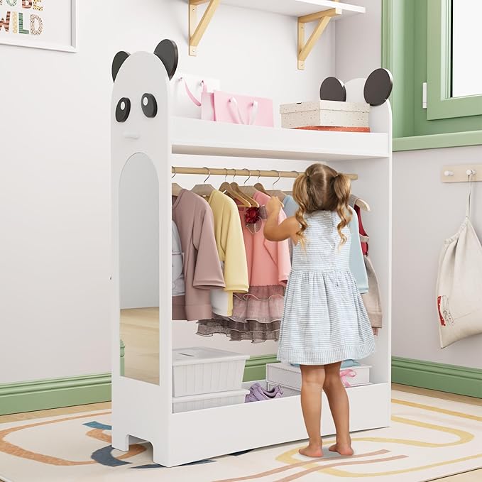 Kids Dress Up Storage Rack Mirror Wood Child Wardrobe 2 Hooks 2 Fabric Bins Toddler Closet Girls Boys Open Hanging Armoire Storage Shelf Coat Costume Hat Shoe (White)