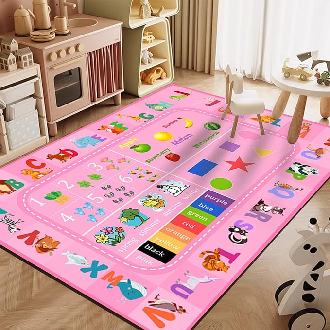 Cute Pink Playroom Rugs, 5x6ft, ABC Letters Fun Educational Area Rug for Kids, No Crease Soft Rubber Backed Non-Skid Carpet, Reduce Noise Absorbent Washable Carpets for Bedroom