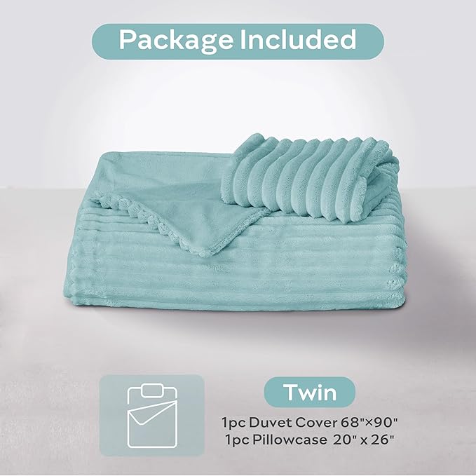 JELLYMONI Plush Duvet Cover Set - Twin Size Baby Blue Striped Fluffy Comforter Cover 2pcs Bedding Set Luxury Ultra Soft Faux Fur Duvet Cover with Zipper and 1 Pillowcase (NO Comforter)