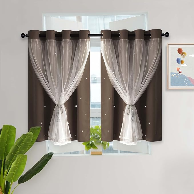 Kinryb Kids Blackout Curtains for Bedroom/Living Room/Classroom, Sheer Overlay Small 2 Panel Set, Double Layer Curtains with Star Cutout for Kids Room(W 52 x L 36 Inches,Chocolate 2 Pcs)