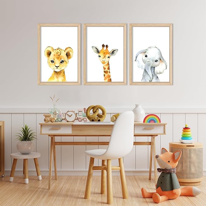 YWJKWLGS Baby Safari Nursery Wall Decor 16"x11" Set of 3 Cute Animal Giraffe Elephant Lion Prints Sign Wood Framed for Children's Room Wall Art (Wood)