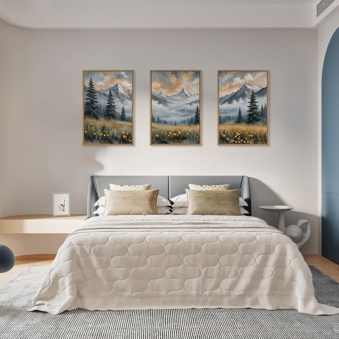 FWIEXA Misty Mountain Framed Canvas Wall Art Set, Foggy Forest Modern Wall Decor, Nature Wildflower Grassland Artwork, Woodland Landscape Scenery Prints for Living Room, Office - Size 16"x24"x3