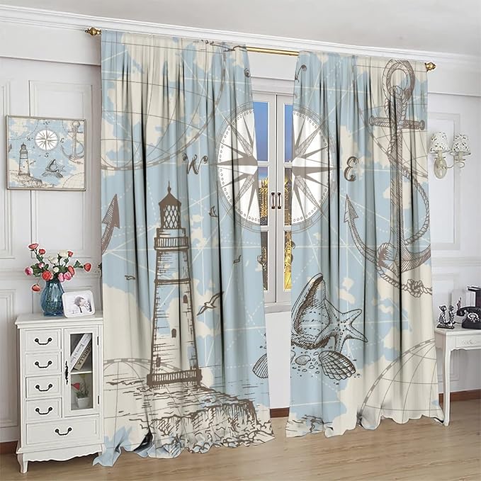 Nautical Theme Window Curtains,Pirate Sailboat Curtains for Bedroom,Conch Starfish Print Draperies for Living Room,Ocean Window Treatment Curtains Set 2 Panels,63x63 Inches
