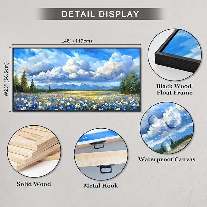 Framed Natural Landscape Wall Art for Living Room, Large Mountain Wildflower Canvas Artwork for Walls Decor, Farmhouse Nature Colorful Flower Paintings Prints for Bedroom Office Decoration 23"x46"