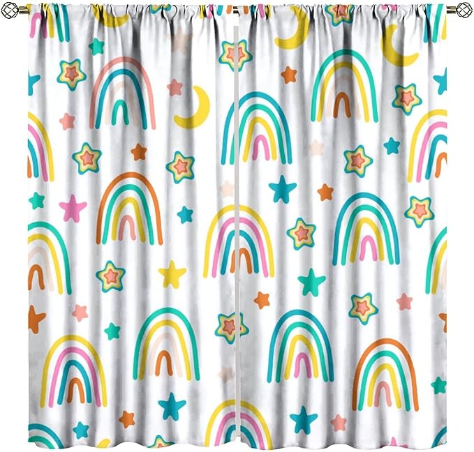 Kids Rainbow Curtains Cartoon Rainbow Abstract Bohemia Floral Lovely Stars Pattern Print Window Drapes for Girl Bedroom Living Room Kitchen Decor,2 Panel Set,42Wx45H Inch Blackout