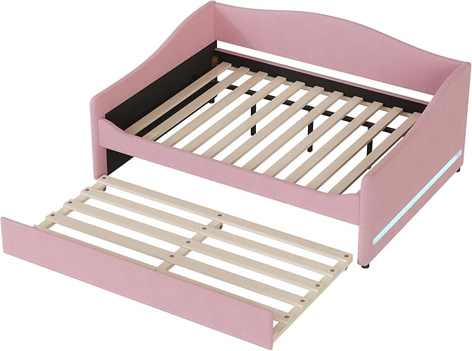 Merax Full Size Upholstered Daybed with Light and Trundle, Pink Teddy Fleece Sofa Bed Modern Wooden Platform Bed Frame for Bedroom, Living Room, Guest Room, Apartment