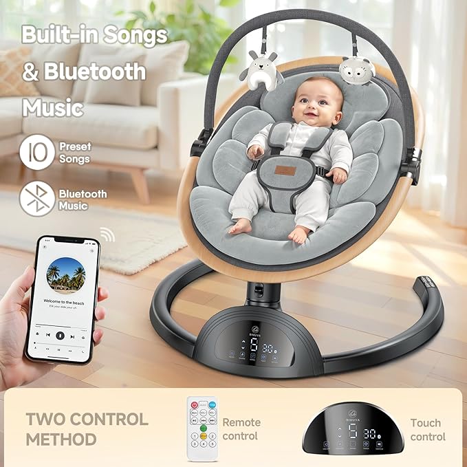 Electric Baby Swings for Infants, Infant Swing with Music Speaker, 3 Seat Positions, 5 Speeds and Remote Control for Newborn Boy Girl, Indoor & Outdoor Use, Black
