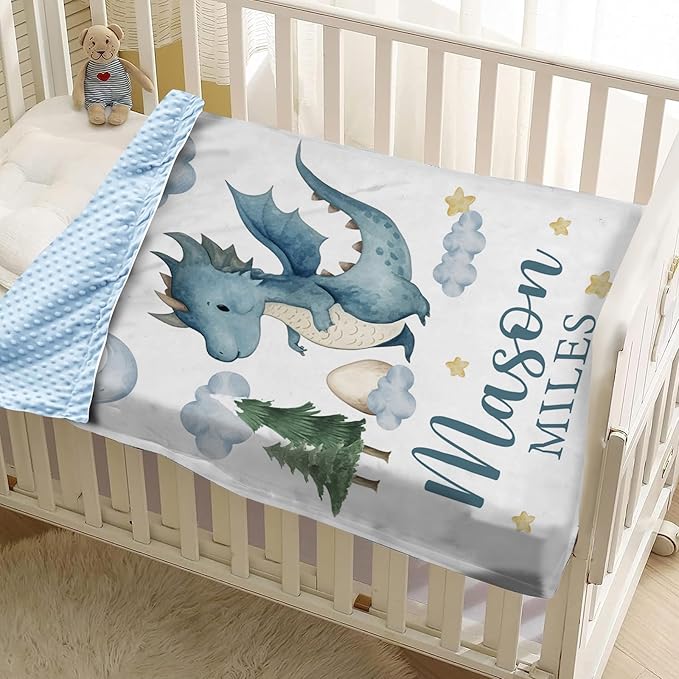 Personalized Baby Blankets for Boys Girls, Custom Name Blue Dinosaur Baby Blanket, Soft Receiving Blanket for Newborns and Toddlers, Ideal for Baby Showers and Nursery Decor