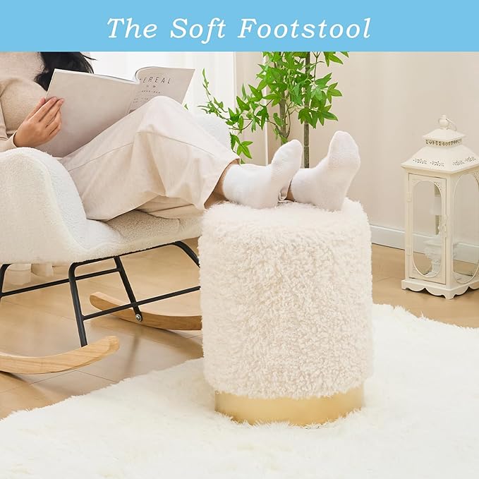 Mxfurhawa Velvet Storage Ottoman Multipurpose Footrest Stool with Metal Base Modern Round Vanity Stool Chair Ottoman Foot Stools Support 300 lbs Padded Seat for Living Room (White)