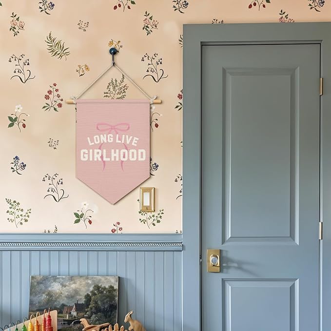 Wheatwin Girls Room Decor, Long Live Girlhood Wall Hanging Pennant Flag Banner, Coquette Pink Bow Preppy Wall Decor for Toddler Nursery Baby Girls Room Bedroom Dorm Apartment 15x11 Inch