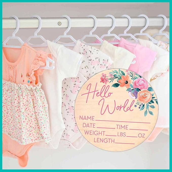 Hello World Newborn Sign - Baby Name Birth Announcement Plaque for Hospital - Photo Prop - Floral Pink Nursery Decor - Shower Gift