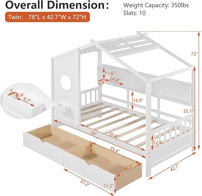 Twin Bed Frames for Kids, House Bed with Window and Fence, Wood Platform Bed Frame with Drawers and Shelves, Playhouse Bed for Boys Girls, White, 78" L x 42.7" W x 72" H