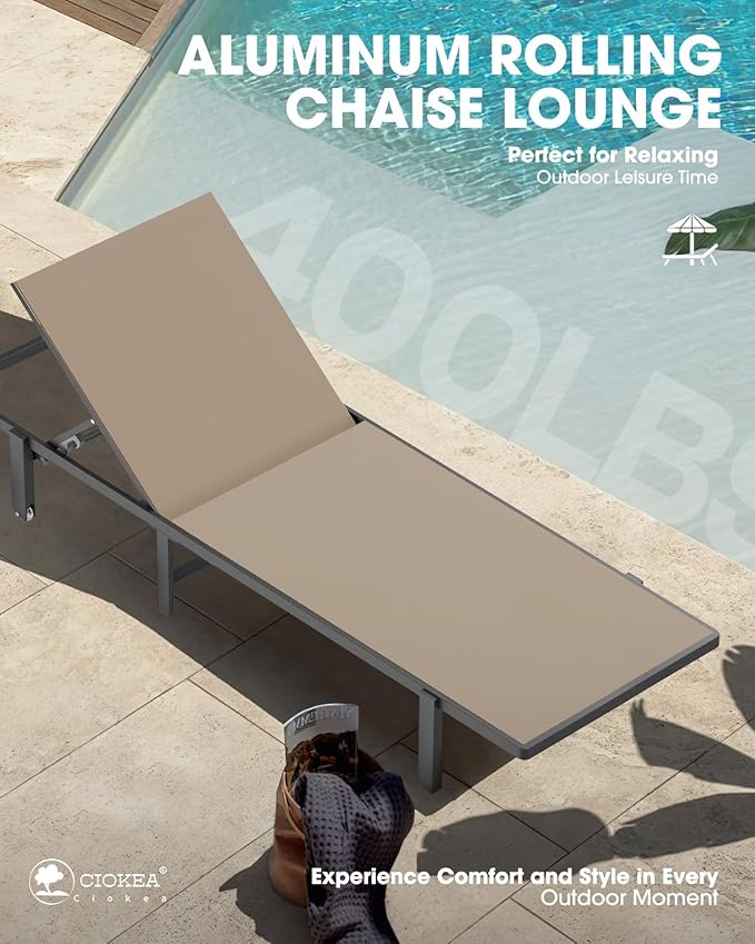 Pool Chaise Lounge Chair Set of 4, Outdoor Lounge Chairs with Wheels, 5-Position Adjustable Sun Loungers for Outside, Deck, Beach, Khaki