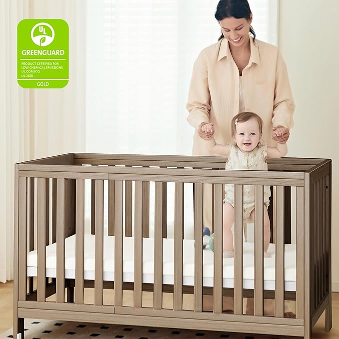 MAMAZING EvoNest Baby Crib, 11 in 1 Convertible Mini Crib with Wheels, 100% New Zealand Wood Growing Bed, 4 Adjustable Mattress Height, Walnut Brown