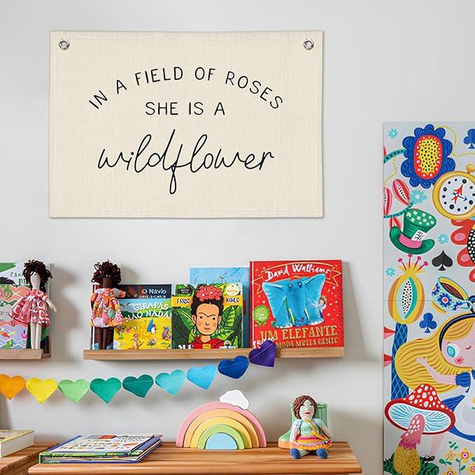 Wildflower Nursery Decor, Girls Room Decor - In a Field Full of Roses She Is a Wildflower Pink Linen Banner Flag for Little Girl Baby Girl - Black