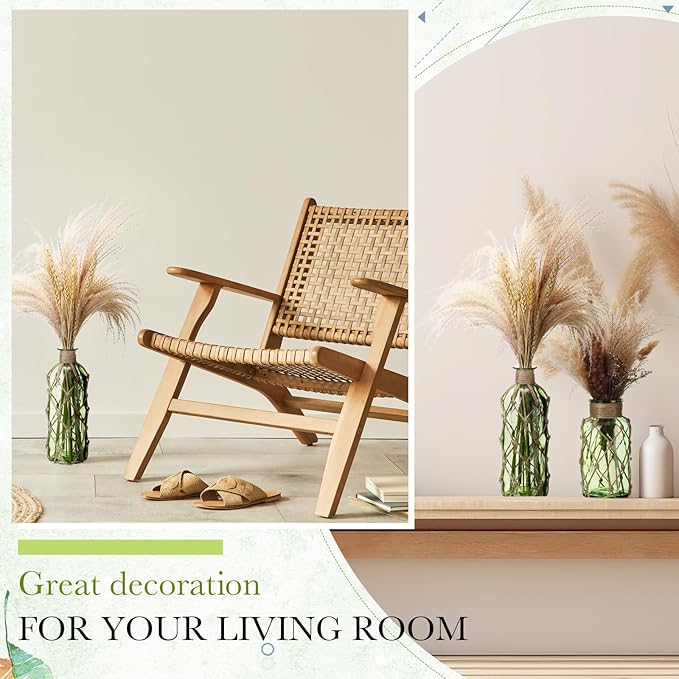 Chuangdi Set of 2 Coastal Glass Vases for Flower Small Flower Vase with Boho Rope Wrapping Beach Decorative Bottle for Coastal Nautical Table Centerpiece Wedding Floral Arrangement Decor(Green)