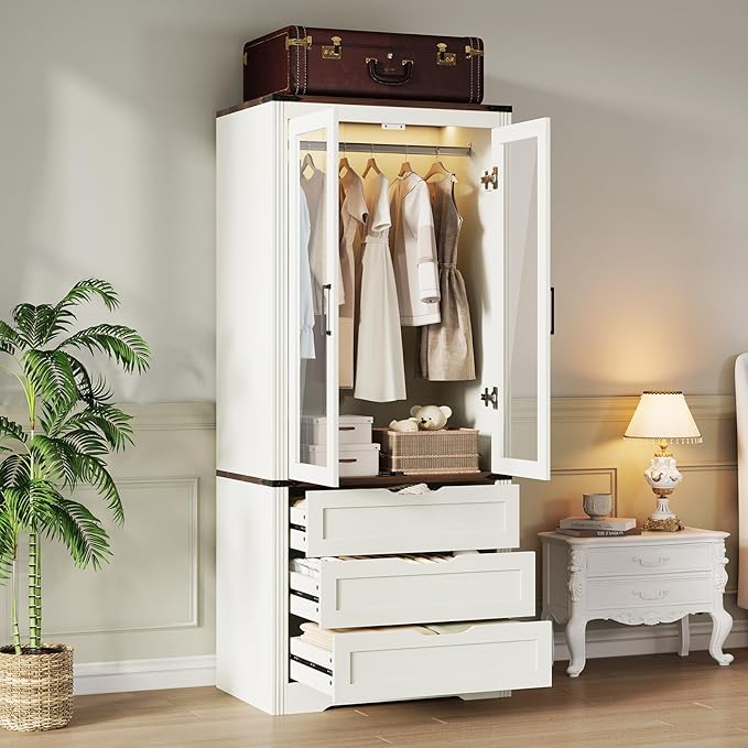 Concho 73'' Tall Farmhouse Armoire Wardrobe Closet with LED Light, Wood Wardrobe Closet with 2 Doors 3 Drawers, Freestanding Bedroom Armoire Clothing Storage Cabinet, Antique White
